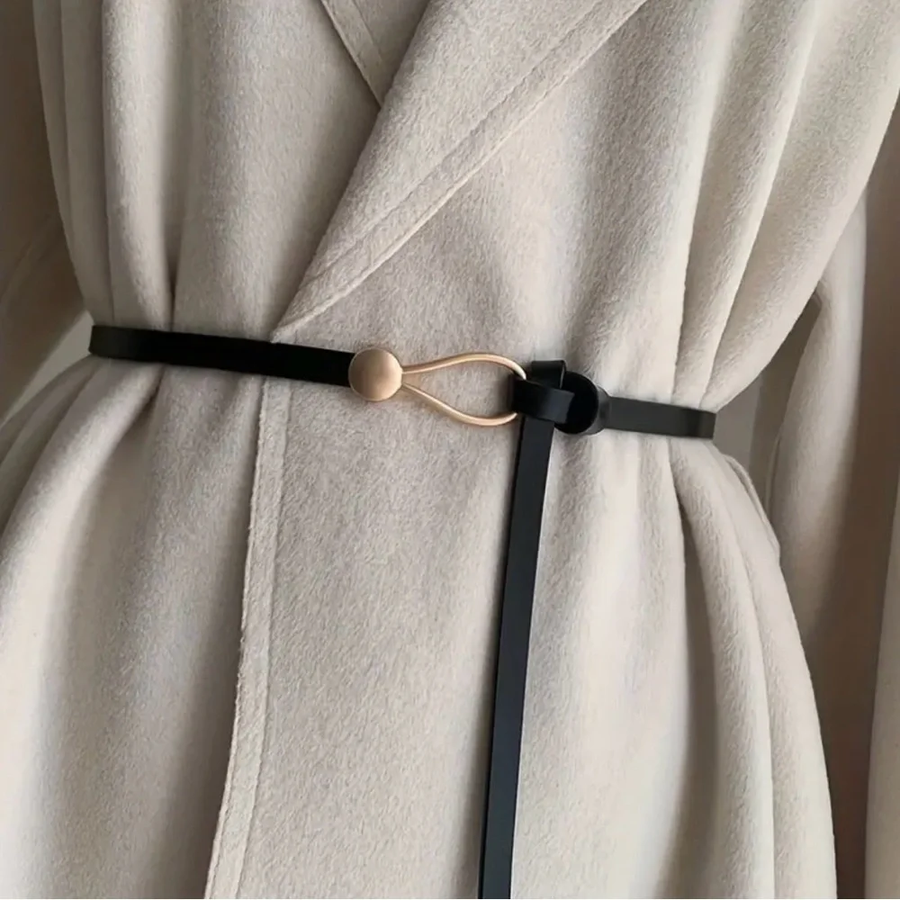 Black Trendy Knotted Skinny Thin Belt For Women Classic Solid Color Faux Leather